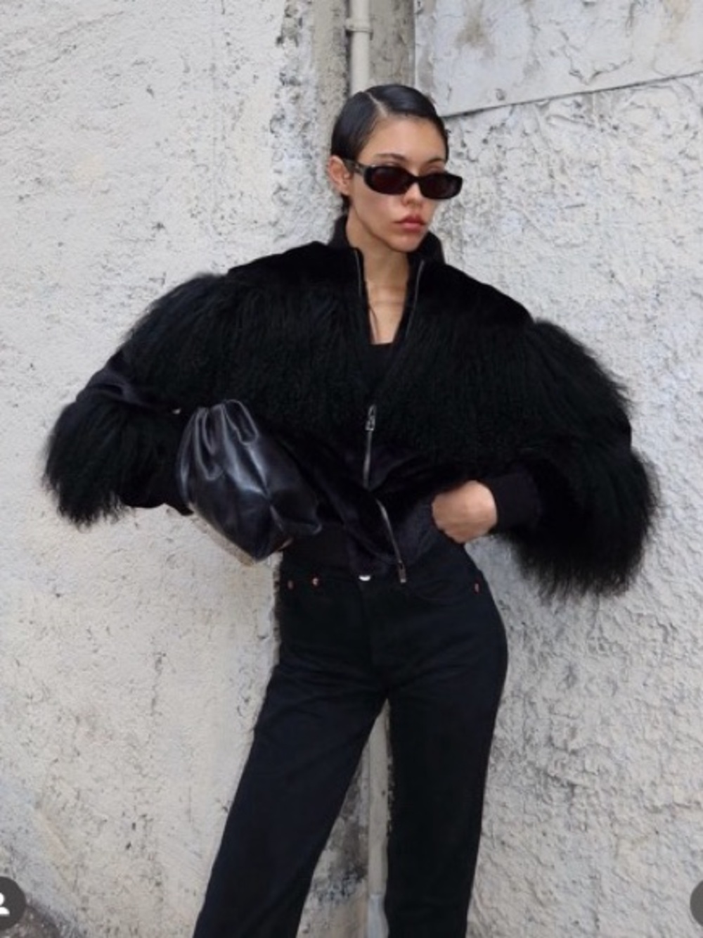 CHARLOTTE SIMONE Romi Black Faux Fur Mongolian Lambskin Trim Bomber Jacket